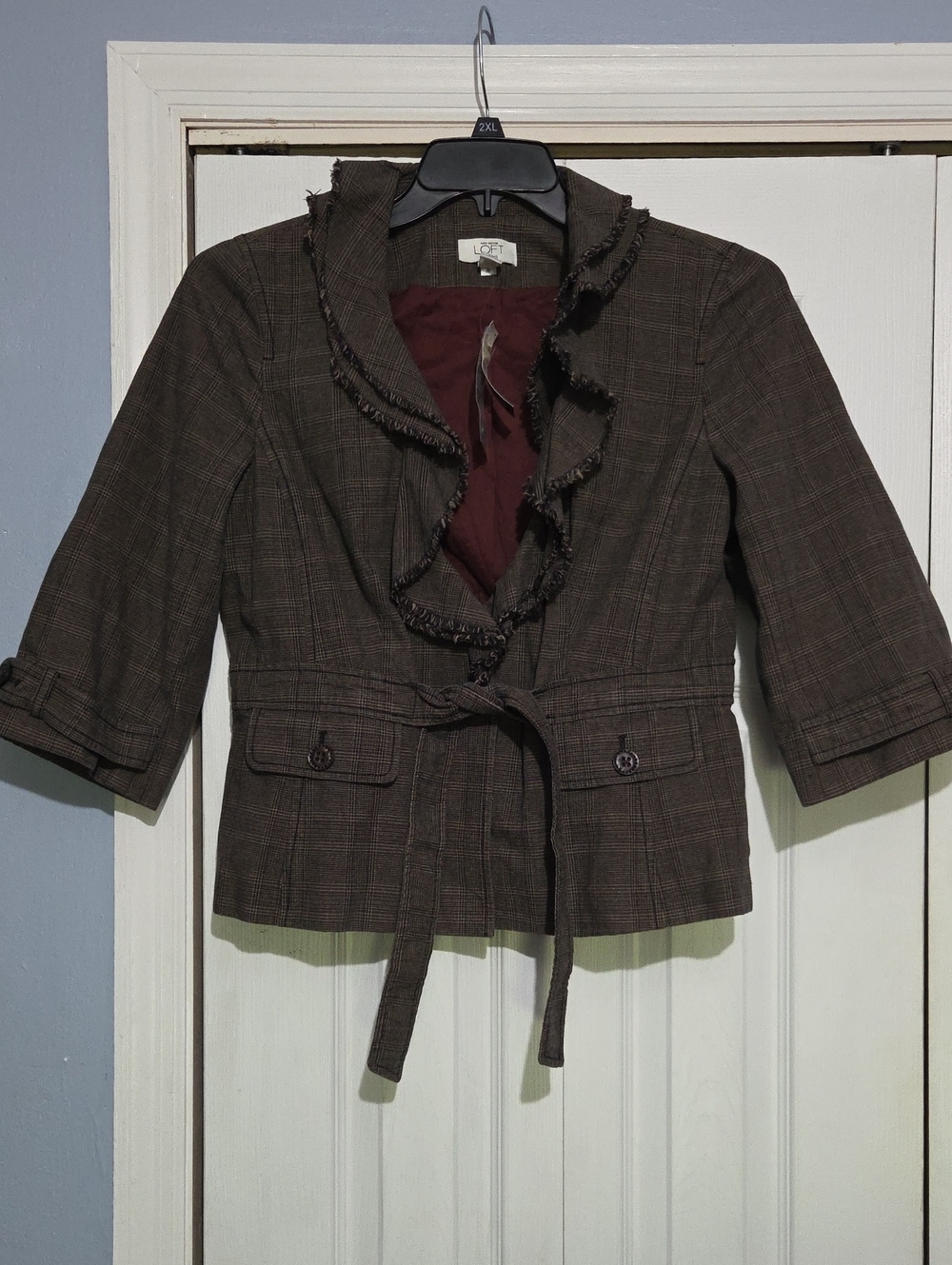 LOFT Brown Plaid Ruffle-Trim Belted Jacket